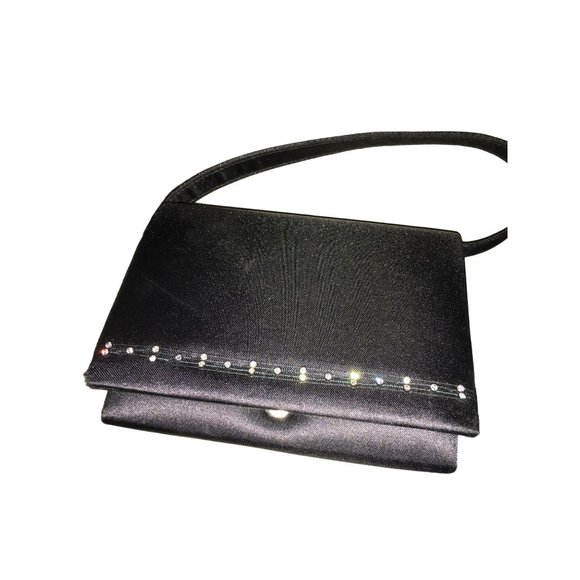 Little Mini Black Purse with Dainty Rhinestone Accent across Bottom of Front Fla - Picture 1 of 11